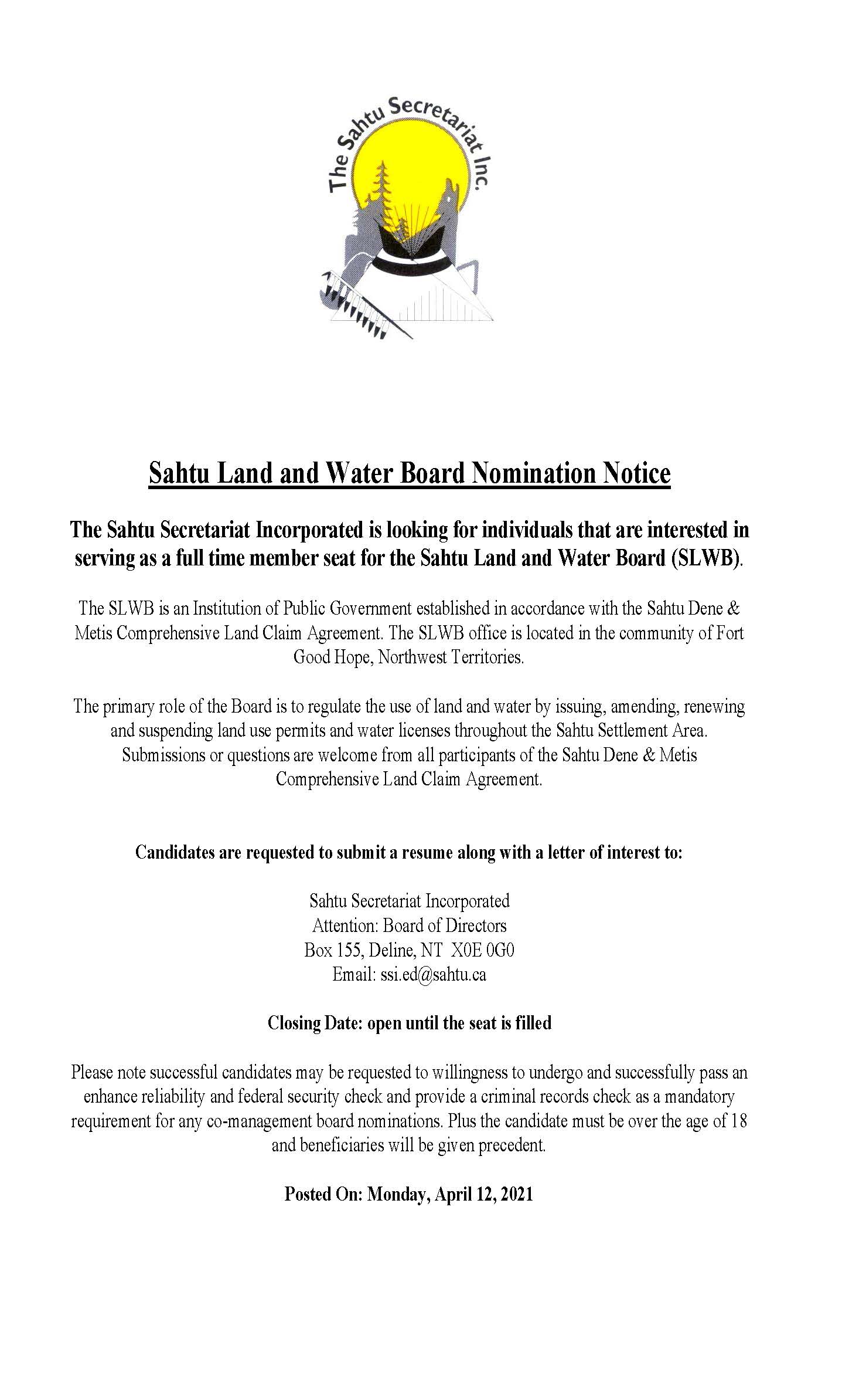 SLWB Board Appointment Notice